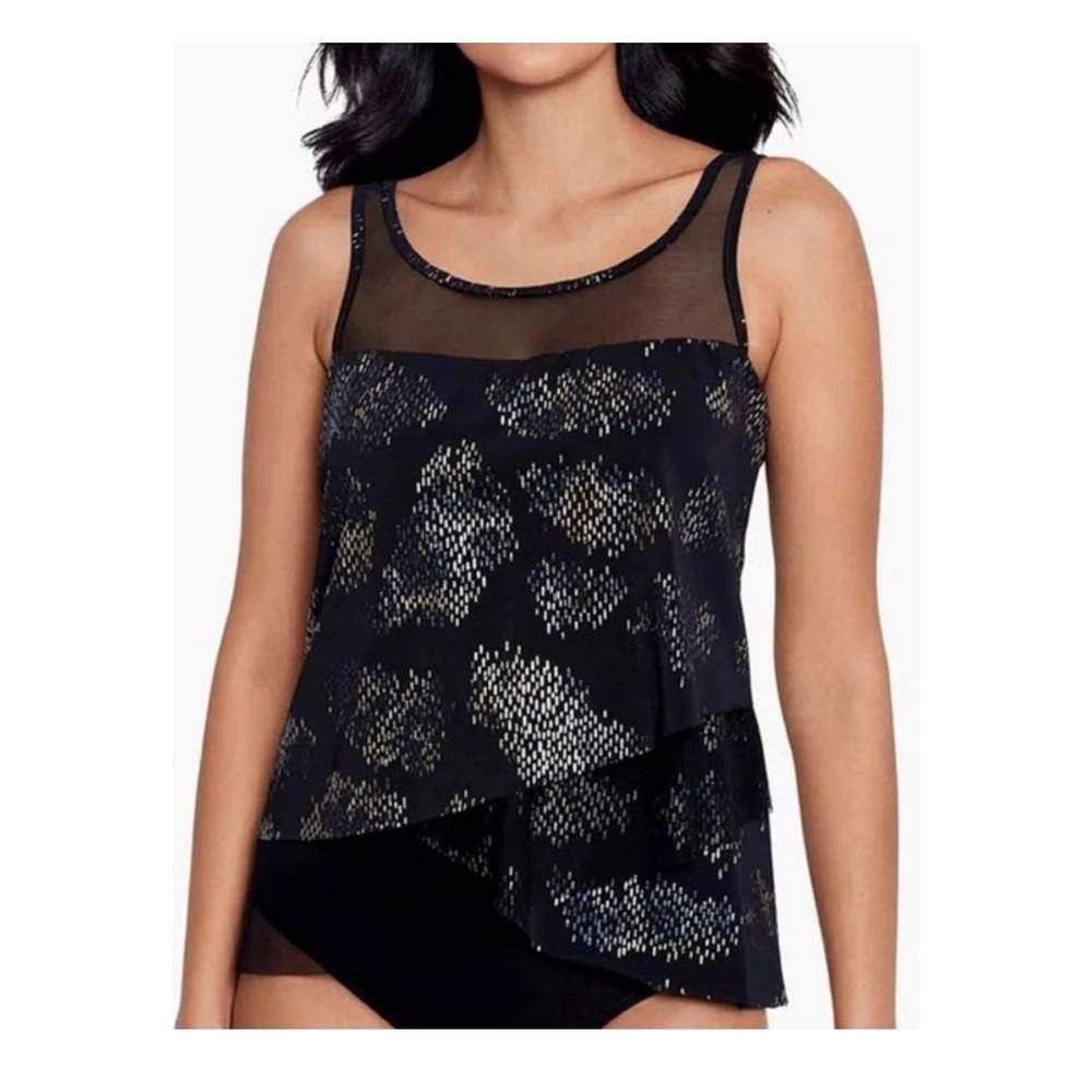 Miraclesuit Mirage Tankini Top Iridium Black Gold Metallic Underwire Size 18 NEW